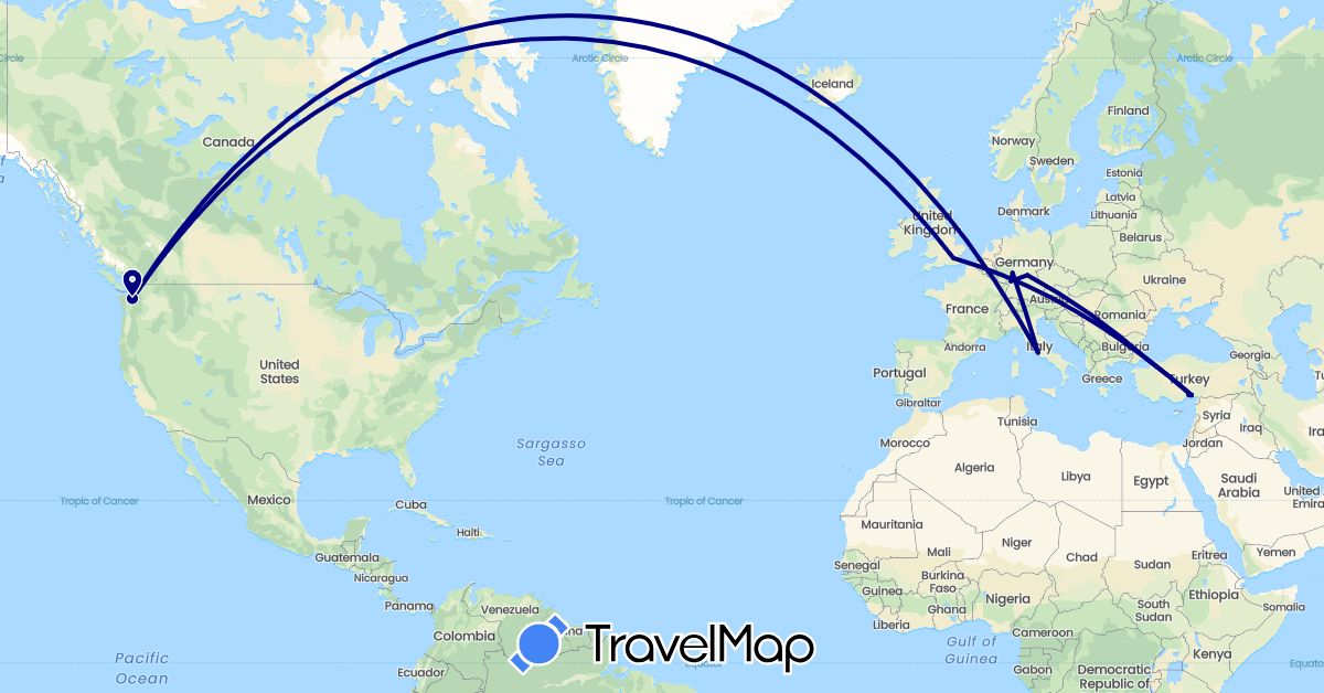 TravelMap itinerary: driving in Germany, United Kingdom, Italy, Turkey, United States (Asia, Europe, North America)